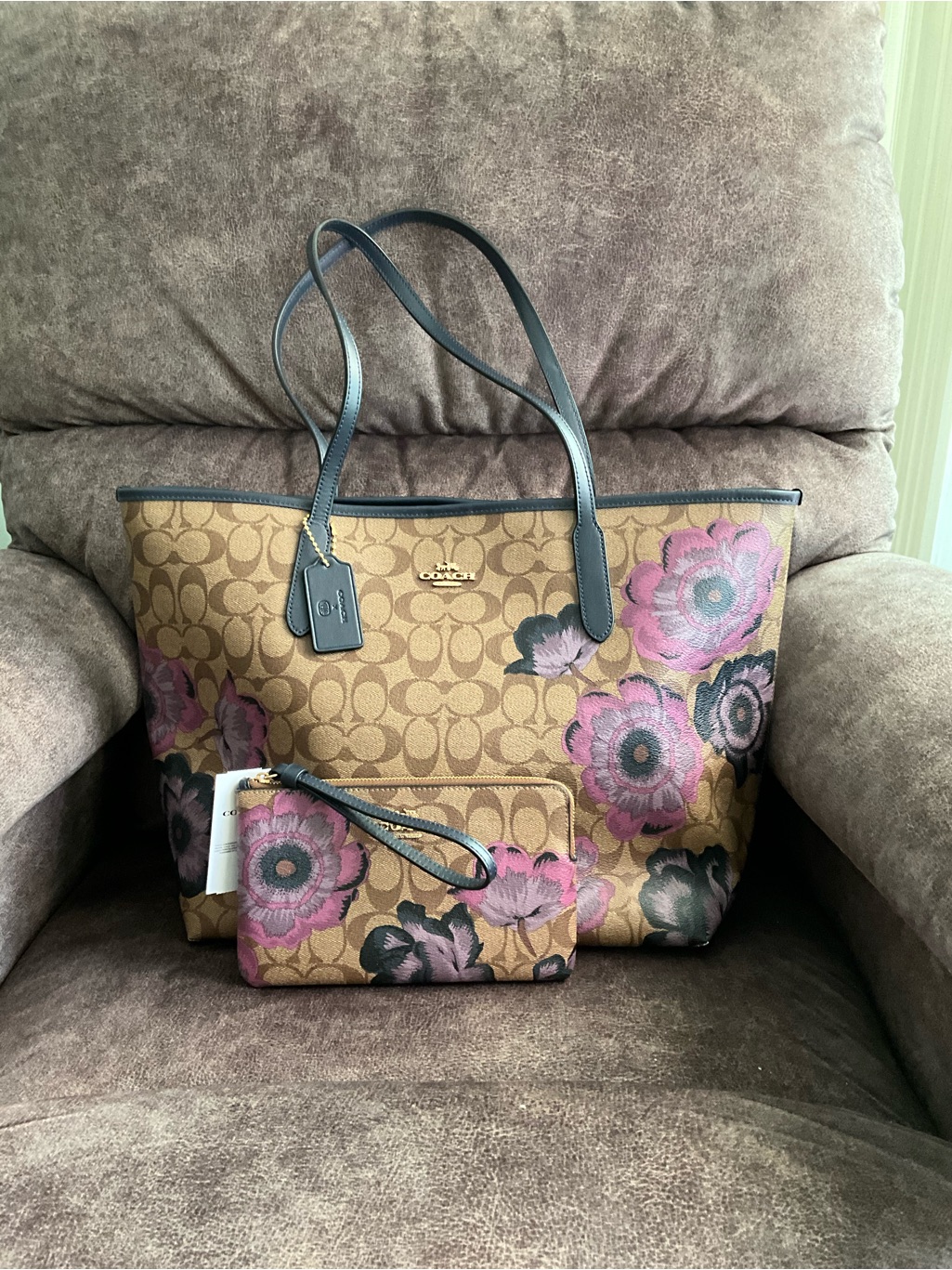 Coach Brown Signature Floral Tote With Pink Accents And Dark Trim